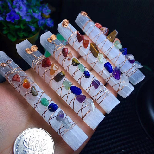 Chakra Selenite Healing Wand – Energy Balancer + Meditation Tool